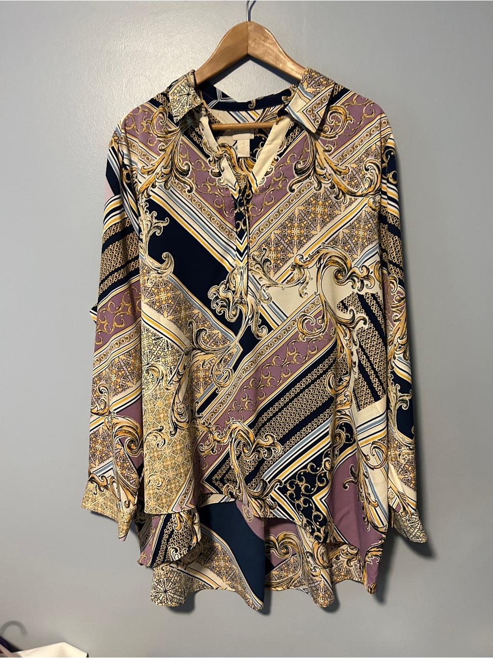 Chico's Baroque Print Long Sleeve Blouse in Mauve, Navy & Gold 4